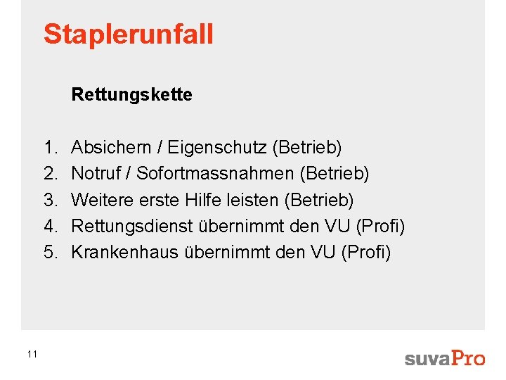 Staplerunfall Rettungskette 1. 2. 3. 4. 5. 11 Absichern / Eigenschutz (Betrieb) Notruf /