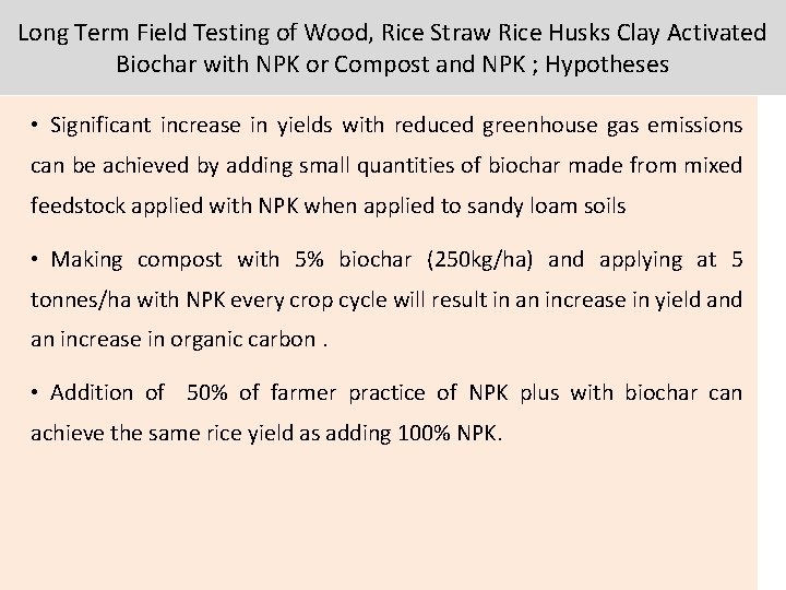 Long Term Field Testing of Wood, Rice Straw Rice Husks Clay Activated Biochar with