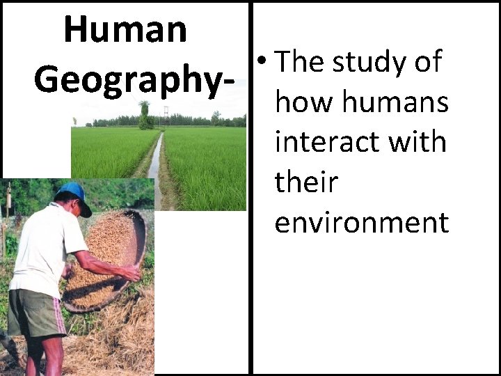 Human • The study of Geography- how humans interact with their environment 