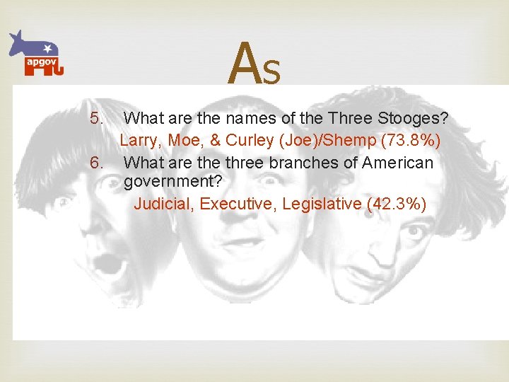 As 5. What are the names of the Three Stooges? Larry, Moe, & Curley