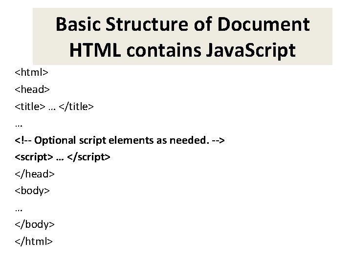 Basic Structure of Document HTML contains Java. Script <html> <head> <title> … </title> … Basic Structure of Document HTML contains Java. Script <html> <head> <title> … </title> …