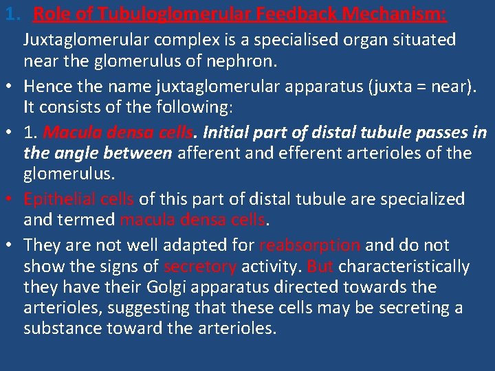 1. Role of Tubuloglomerular Feedback Mechanism: • • Juxtaglomerular complex is a specialised organ