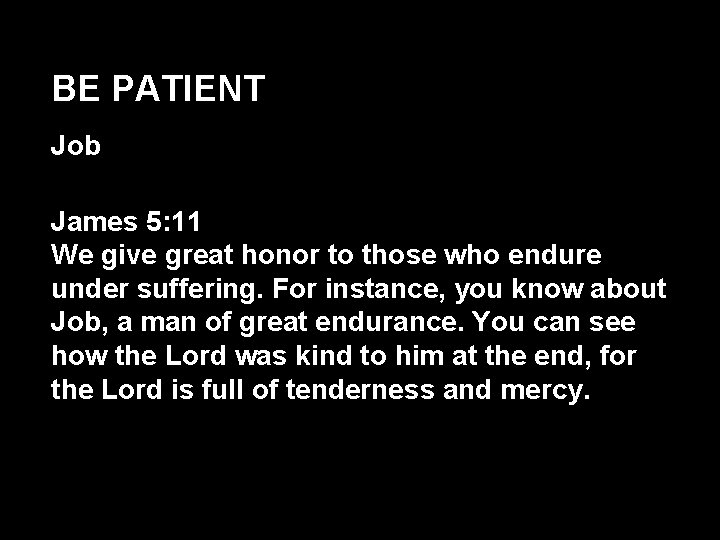 BE PATIENT Job James 5: 11 We give great honor to those who endure