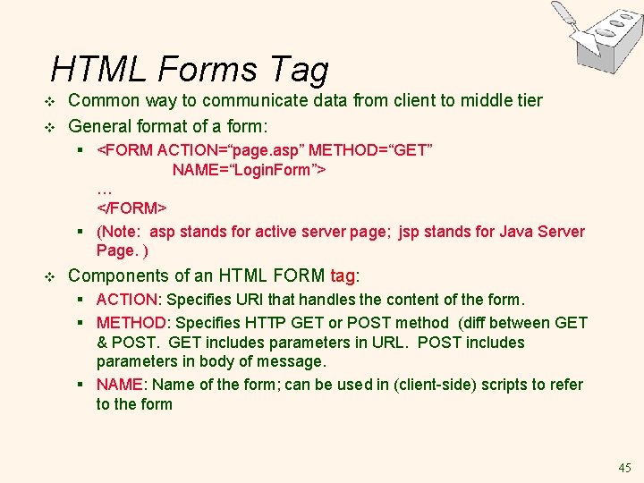 HTML Forms Tag v v Common way to communicate data from client to middle