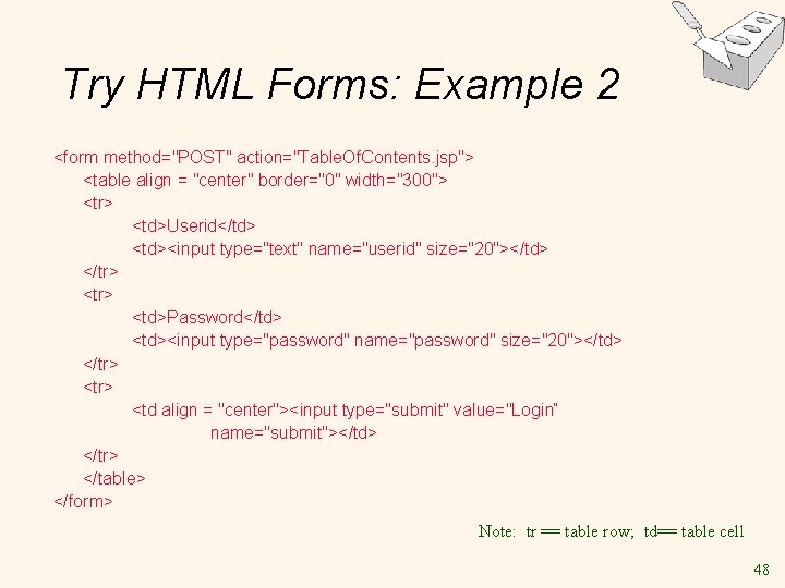 Try HTML Forms: Example 2 <form method="POST" action="Table. Of. Contents. jsp"> <table align =