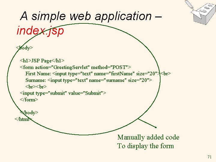 A simple web application – index. jsp <body> <h 1>JSP Page</h 1> <form action="Greeting.