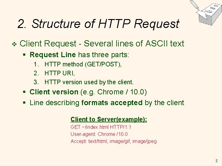 2. Structure of HTTP Request v Client Request - Several lines of ASCII text