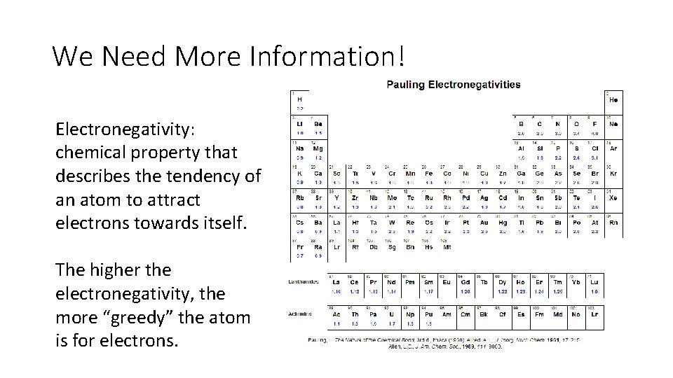 We Need More Information! Electronegativity: chemical property that describes the tendency of an atom