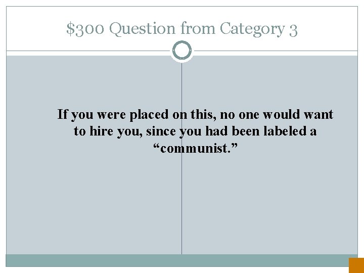 $300 Question from Category 3 If you were placed on this, no one would