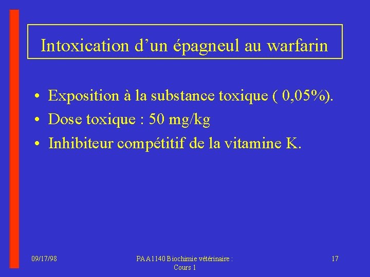 Intoxication d’un épagneul au warfarin • Exposition à la substance toxique ( 0, 05%).