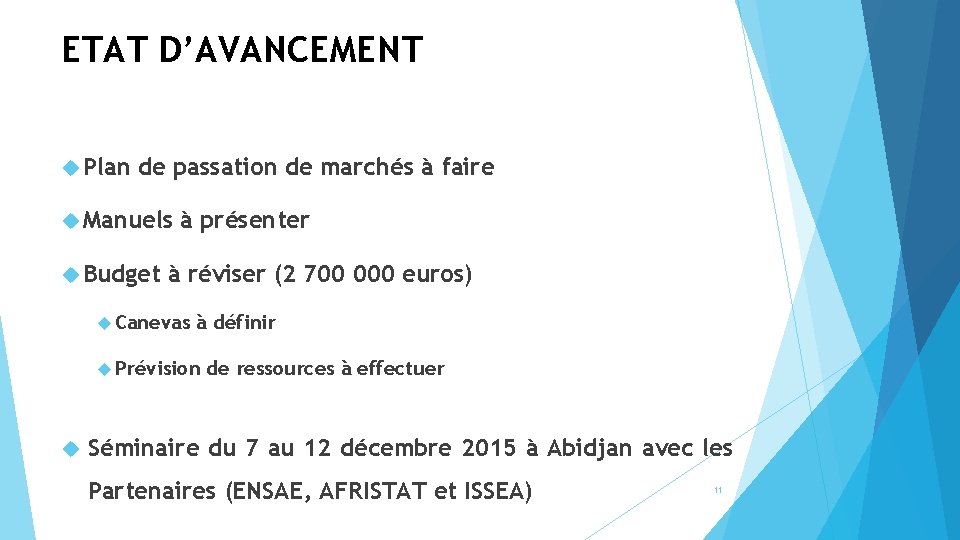 ETAT D’AVANCEMENT Plan de passation de marchés à faire Manuels Budget à présenter à