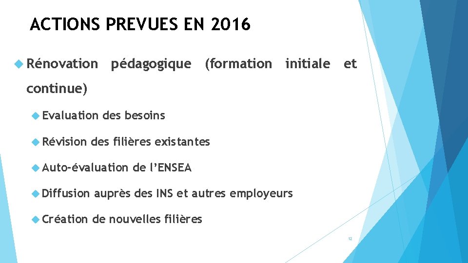 ACTIONS PREVUES EN 2016 Rénovation pédagogique (formation initiale et continue) Evaluation Révision des besoins