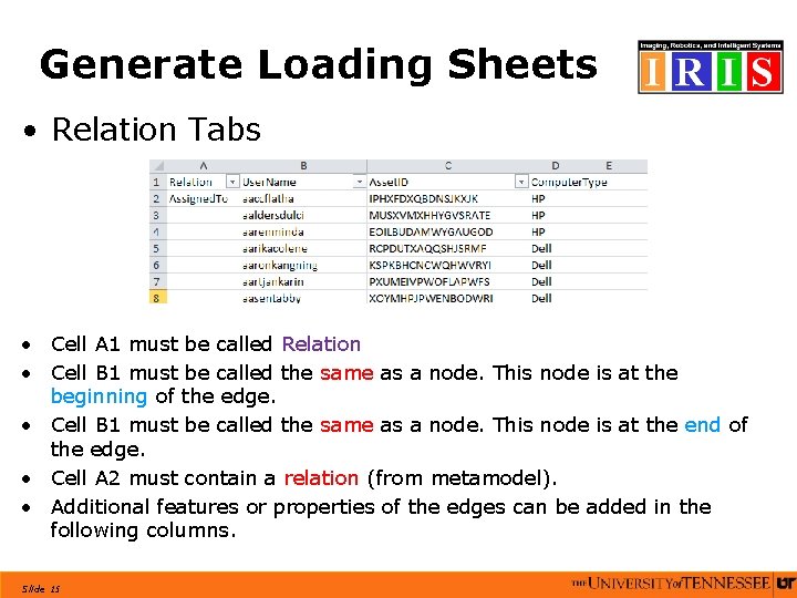 Generate Loading Sheets • Relation Tabs • Cell A 1 must be called Relation