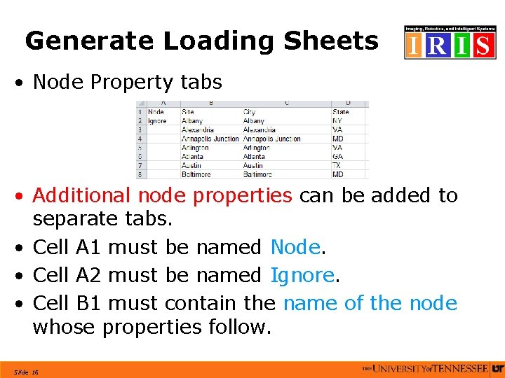 Generate Loading Sheets • Node Property tabs • Additional node properties can be added