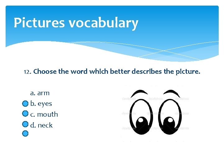 Pictures vocabulary 12. Choose the word which better describes the picture. a. arm b.