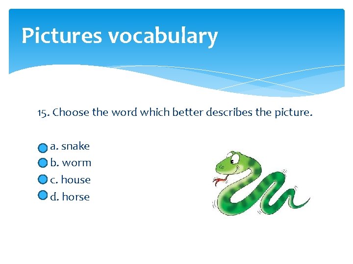 Pictures vocabulary 15. Choose the word which better describes the picture. a. snake b.