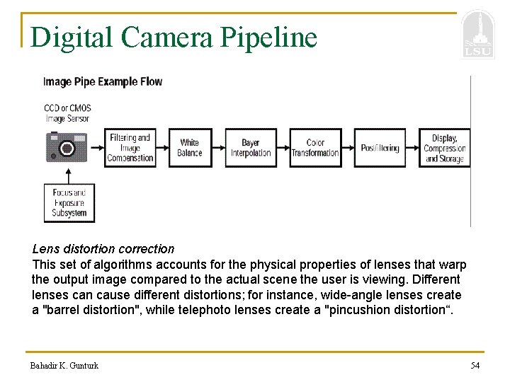 Digital Camera Pipeline Lens distortion correction This set of algorithms accounts for the physical