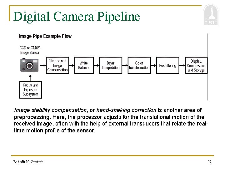 Digital Camera Pipeline Image stability compensation, or hand-shaking correction is another area of preprocessing.