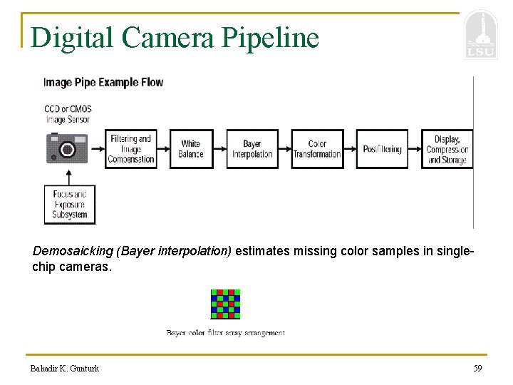 Digital Camera Pipeline Demosaicking (Bayer interpolation) estimates missing color samples in singlechip cameras. Bahadir