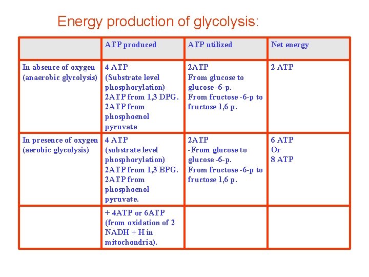 Energy production of glycolysis: ATP produced ATP utilized Net energy In absence of oxygen