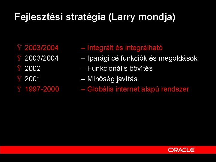 Fejlesztési stratégia (Larry mondja) Ÿ Ÿ Ÿ 2003/2004 2002 2001 1997 -2000 – Integrált