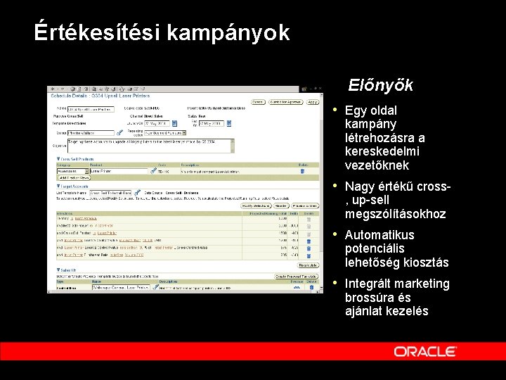 Értékesítési kampányok Előnyök • Egy oldal kampány létrehozásra a kereskedelmi vezetőknek • Nagy értékű