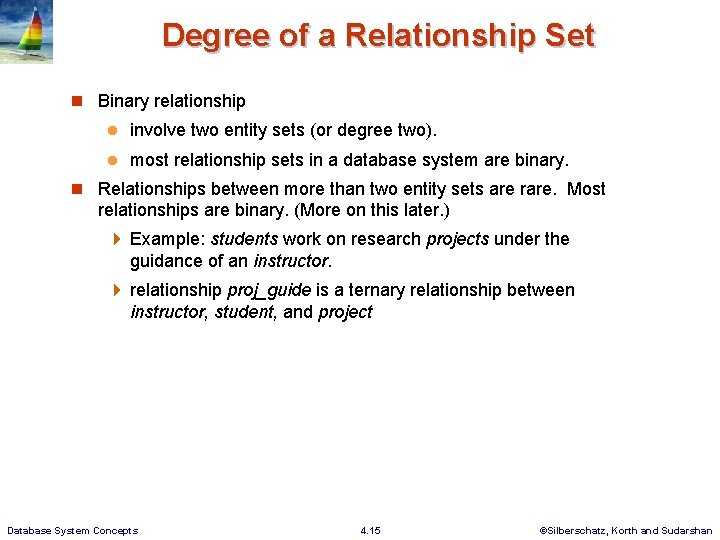 Degree of a Relationship Set n Binary relationship l involve two entity sets (or