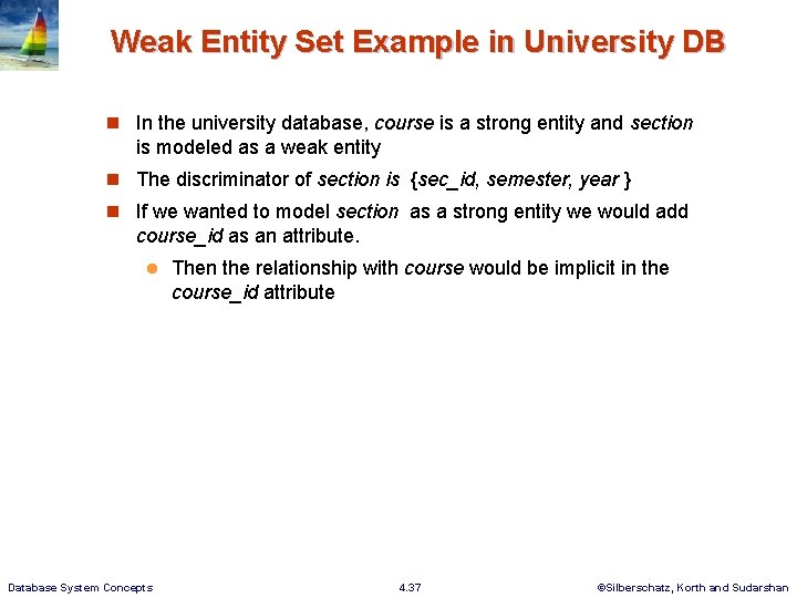 Weak Entity Set Example in University DB n In the university database, course is