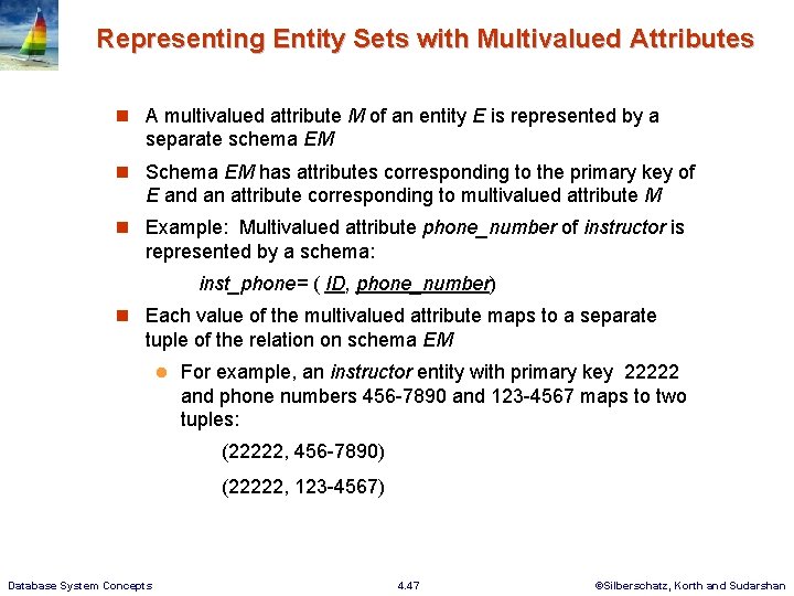 Representing Entity Sets with Multivalued Attributes n A multivalued attribute M of an entity