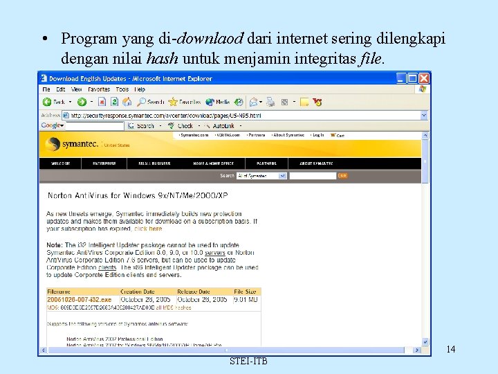  • Program yang di-downlaod dari internet sering dilengkapi dengan nilai hash untuk menjamin