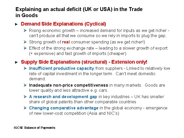 Explaining an actual deficit (UK or USA) in the Trade in Goods Demand Side