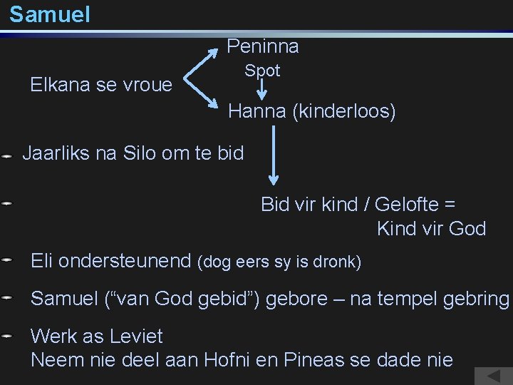 Samuel Peninna Spot Elkana se vroue Hanna (kinderloos) Jaarliks na Silo om te bid