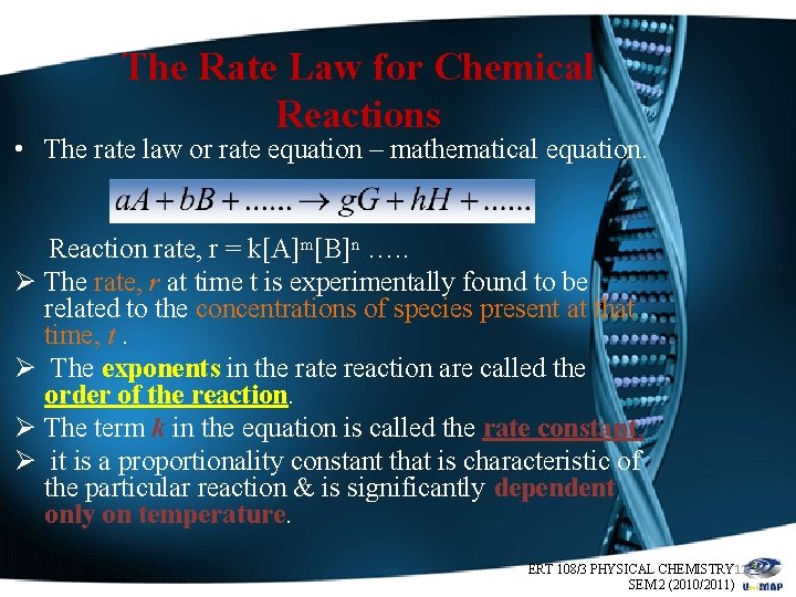 The Rate Law for Chemical Reactions • The rate law or rate equation –