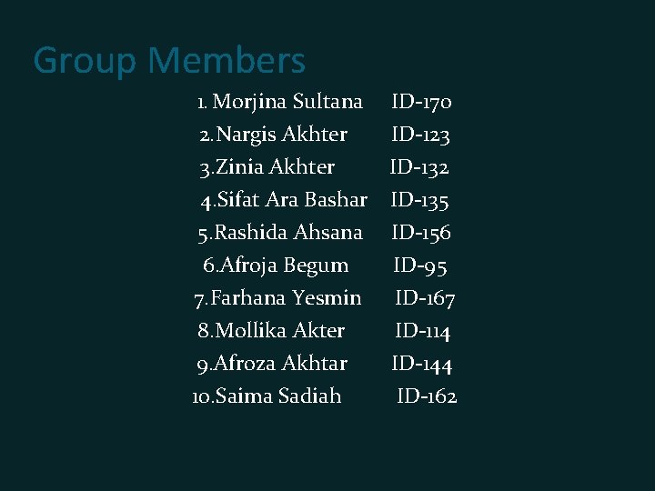 Group Members 1. Morjina Sultana ID-170 2. Nargis Akhter ID-123 3. Zinia Akhter ID-132