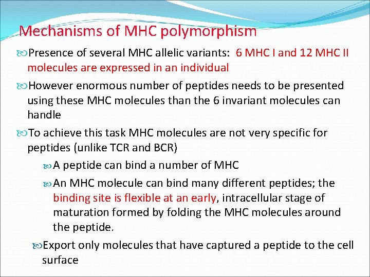 Mechanisms of MHC polymorphism Presence of several MHC allelic variants: 6 MHC I and
