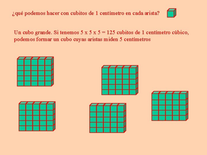 ¿qué podemos hacer con cubitos de 1 centímetro en cada arista? Un cubo grande.