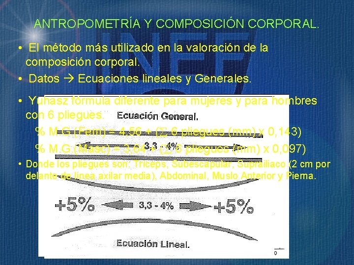 ANTROPOMETRÍA Y COMPOSICIÓN CORPORAL. • El método más utilizado en la valoración de la