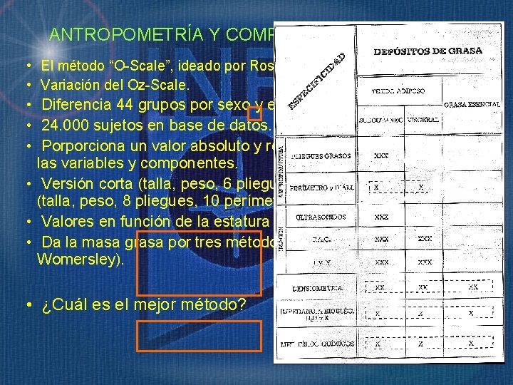 ANTROPOMETRÍA Y COMPOSICIÓN CORPORAL. • El método “O-Scale”, ideado por Ross y Ward. •