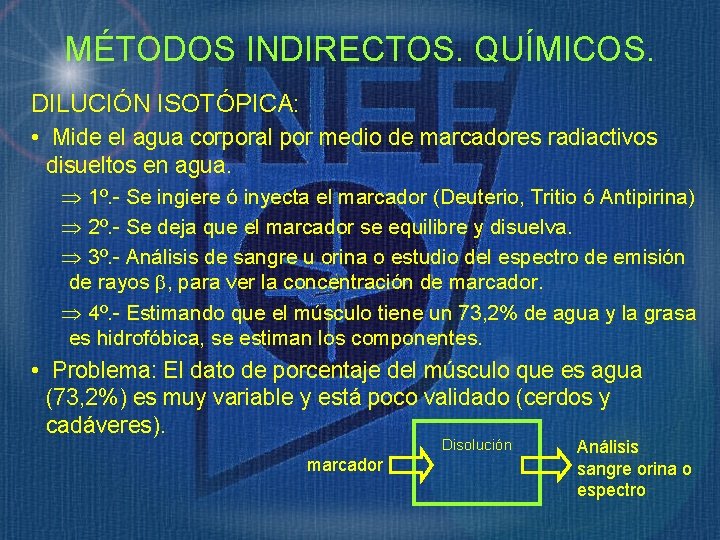 MÉTODOS INDIRECTOS. QUÍMICOS. DILUCIÓN ISOTÓPICA: • Mide el agua corporal por medio de marcadores