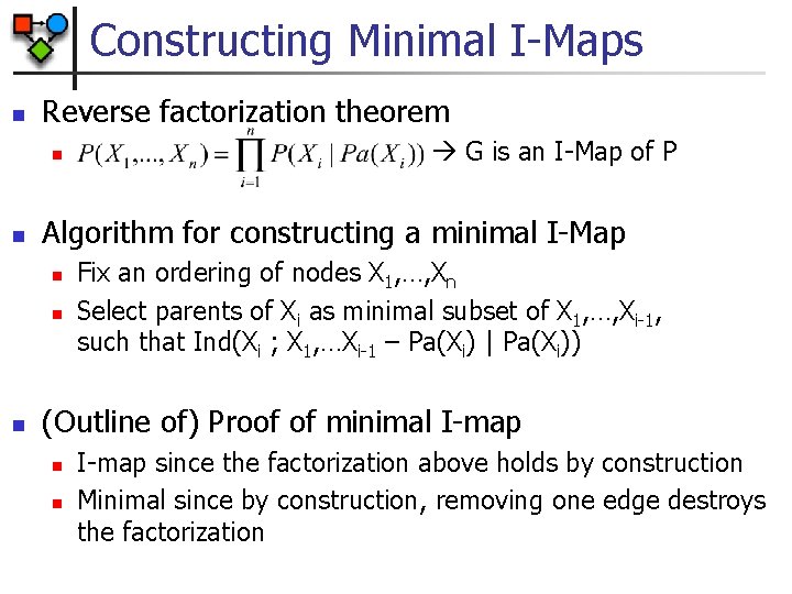 Constructing Minimal I-Maps n Reverse factorization theorem n n Algorithm for constructing a minimal