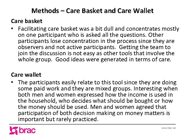 Methods – Care Basket and Care Wallet Care basket • Facilitating care basket was