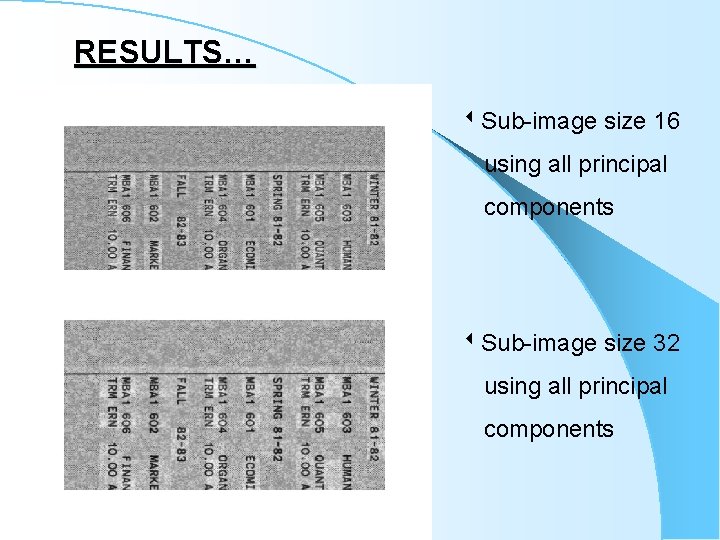 RESULTS… Sub-image size 16 using all principal components Sub-image size 32 using all principal RESULTS… Sub-image size 16 using all principal components Sub-image size 32 using all principal