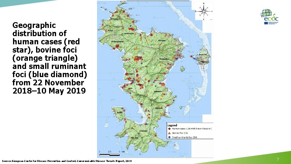 Geographic distribution of human cases (red star), bovine foci (orange triangle) and small ruminant