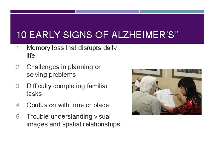 10 EARLY SIGNS OF ALZHEIMER’S 1. Memory loss that disrupts daily life 2. Challenges