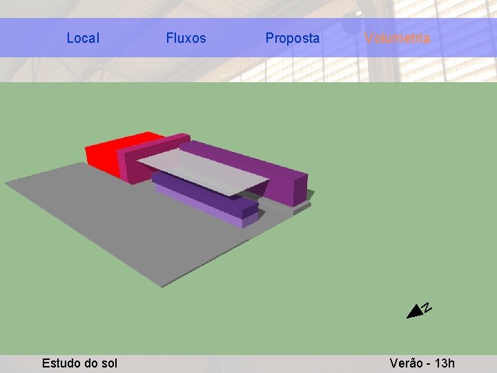 Fluxos Proposta Volumetria N Local Estudo do sol Verão - 13 h 