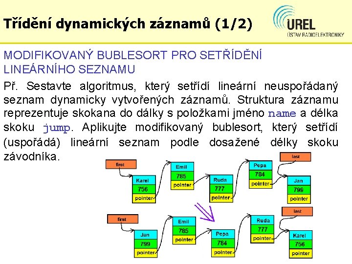 Třídění dynamických záznamů (1/2) MODIFIKOVANÝ BUBLESORT PRO SETŘÍDĚNÍ LINEÁRNÍHO SEZNAMU Př. Sestavte algoritmus, který