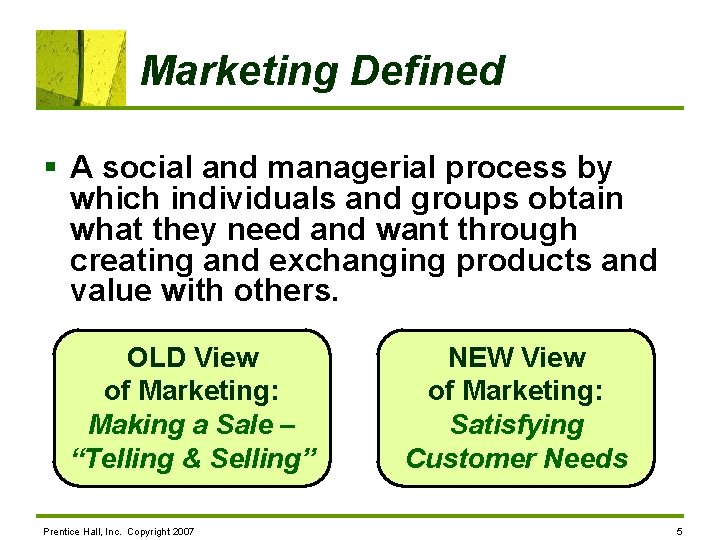 Marketing Defined § A social and managerial process by which individuals and groups obtain