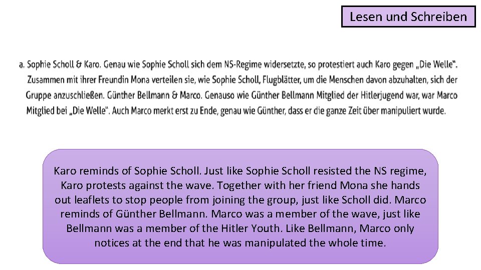 Lesen und Schreiben Karo reminds of Sophie Scholl. Just like Sophie Scholl resisted the