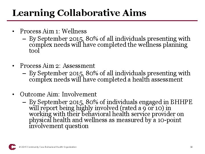Learning Collaborative Aims • Process Aim 1: Wellness – By September 2015, 80% of