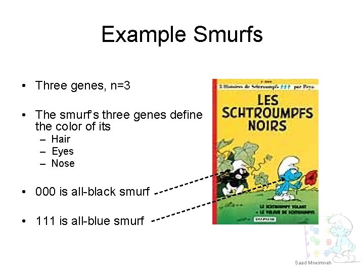 Example Smurfs • Three genes, n=3 • The smurf’s three genes define the color